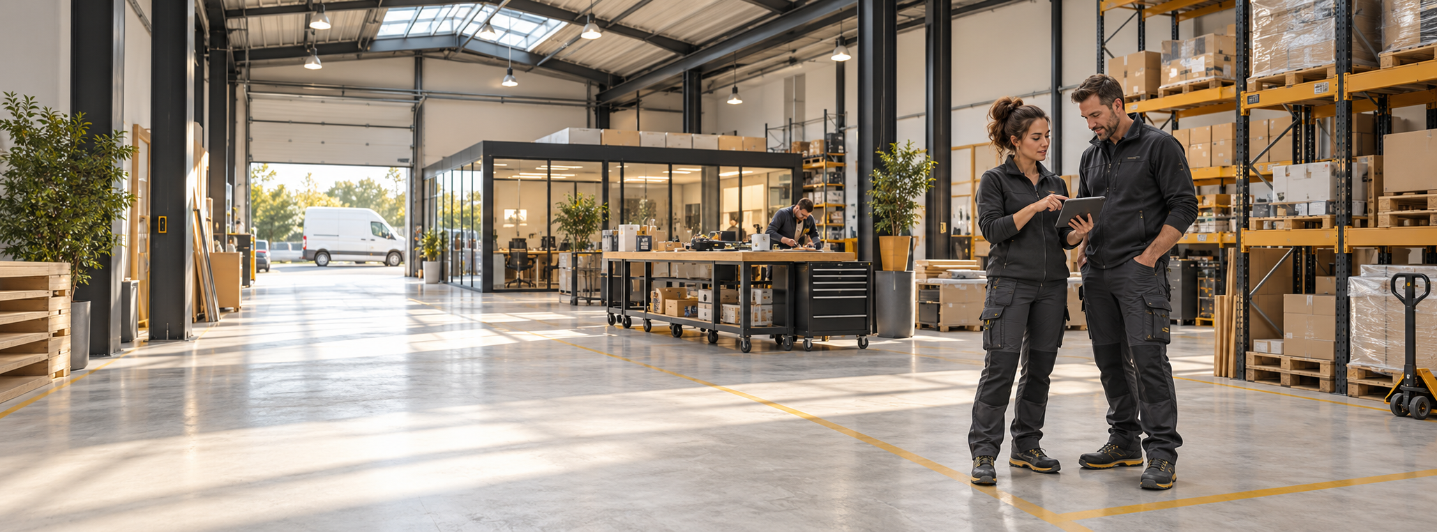 Espace professionnel partagé avec atelier, stockage et bureaux.