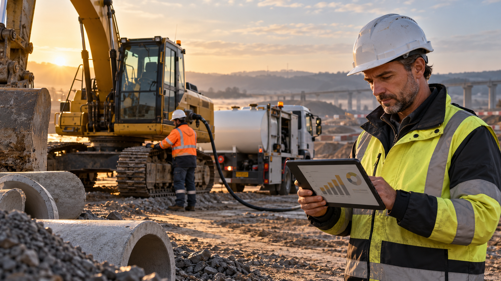 Responsable de chantier consultant ses coûts pendant le ravitaillement d’une pelle mécanique.