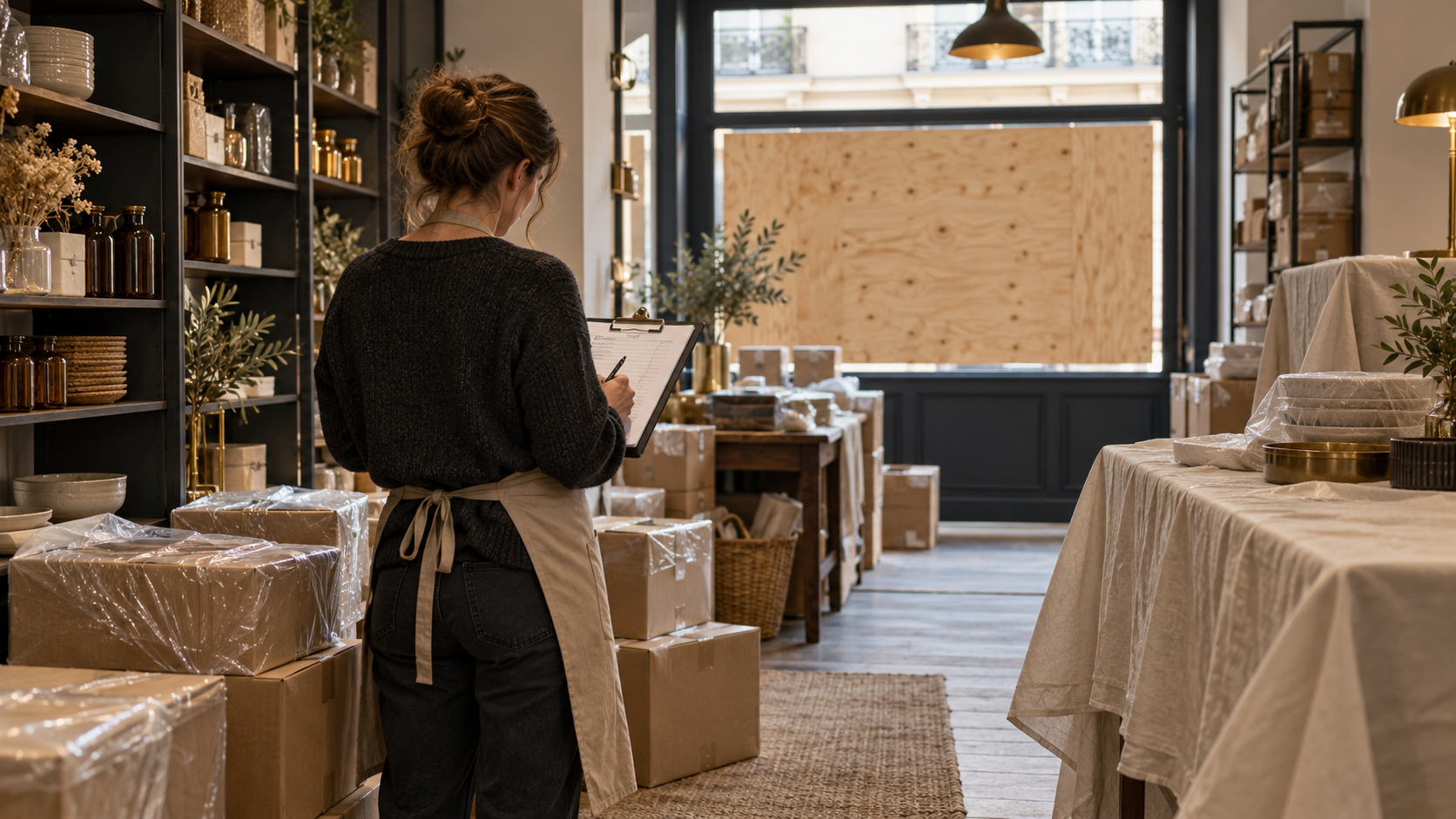 Professionnel faisant l’inventaire de cartons protégés dans une arrière-boutique, scène illustrative.