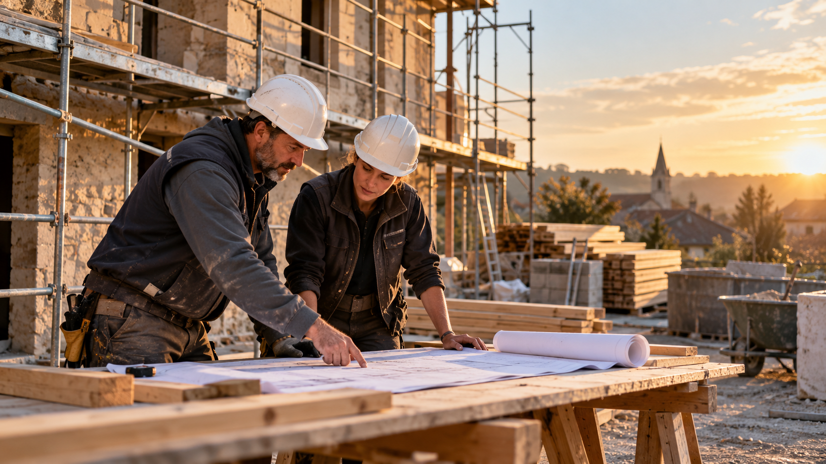 Illustration de deux artisans examinant des plans sur un chantier avec échafaudage.