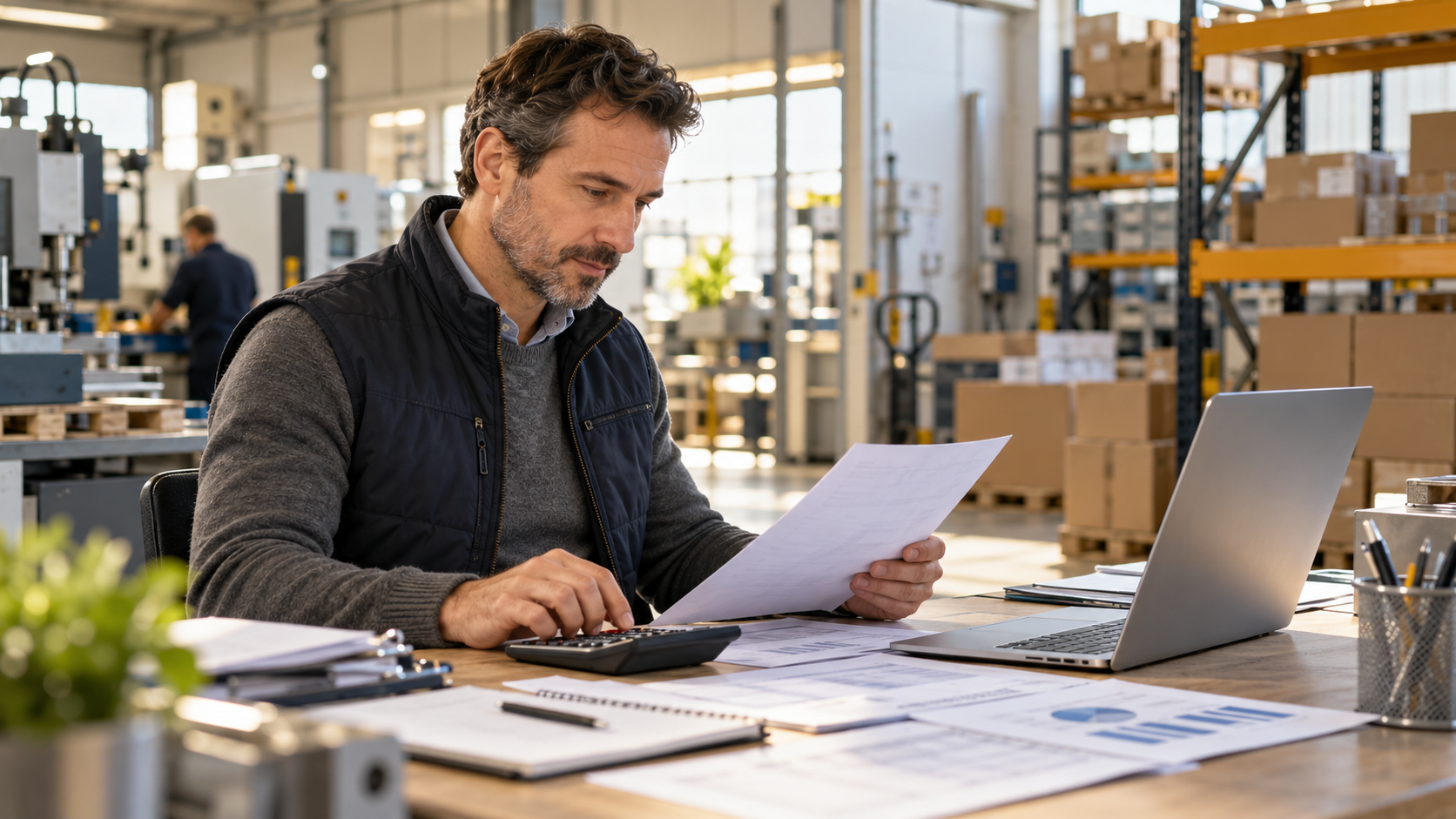 Dirigeant de PME examinant un dossier de financement dans un atelier, scène illustrative