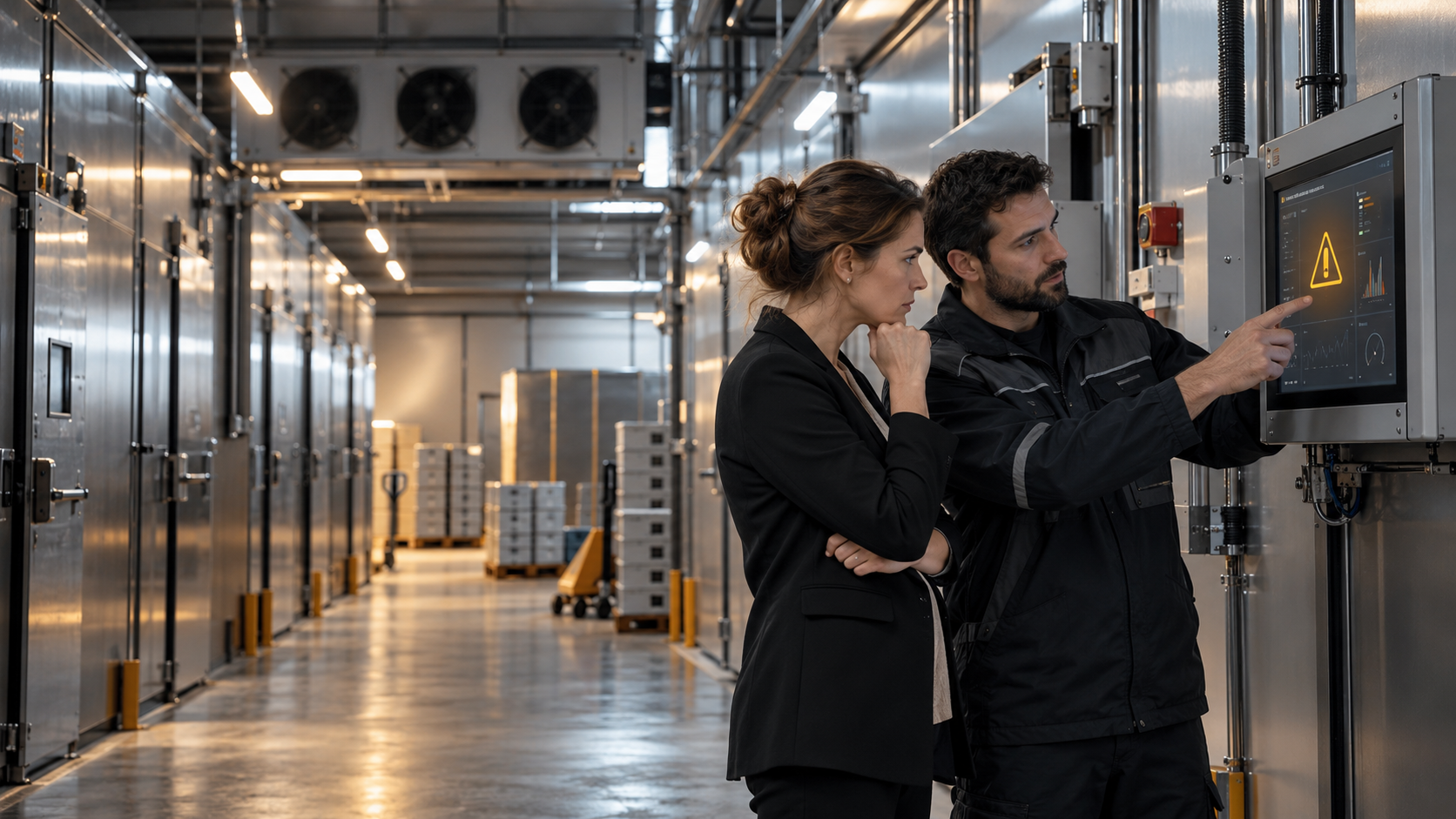 Dirigeante et technicien examinant l’alerte d’un contrôleur de réfrigération dans un entrepôt frigorifique.