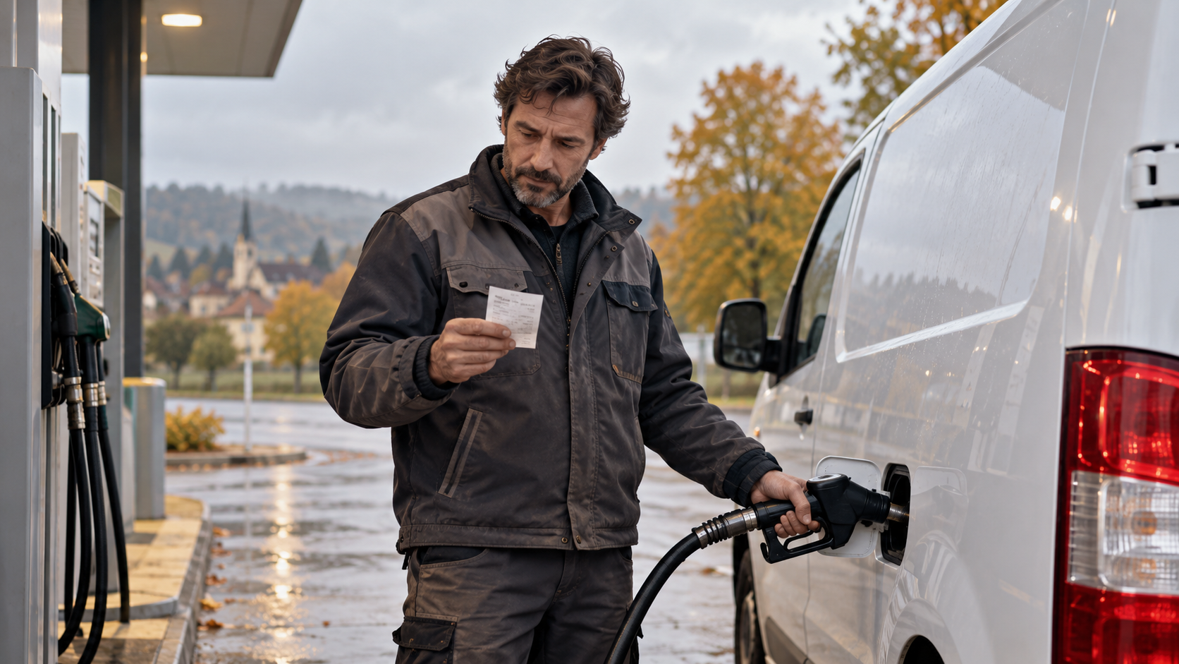 Illustration d’un artisan faisant le plein d’un utilitaire blanc à une pompe à diesel.