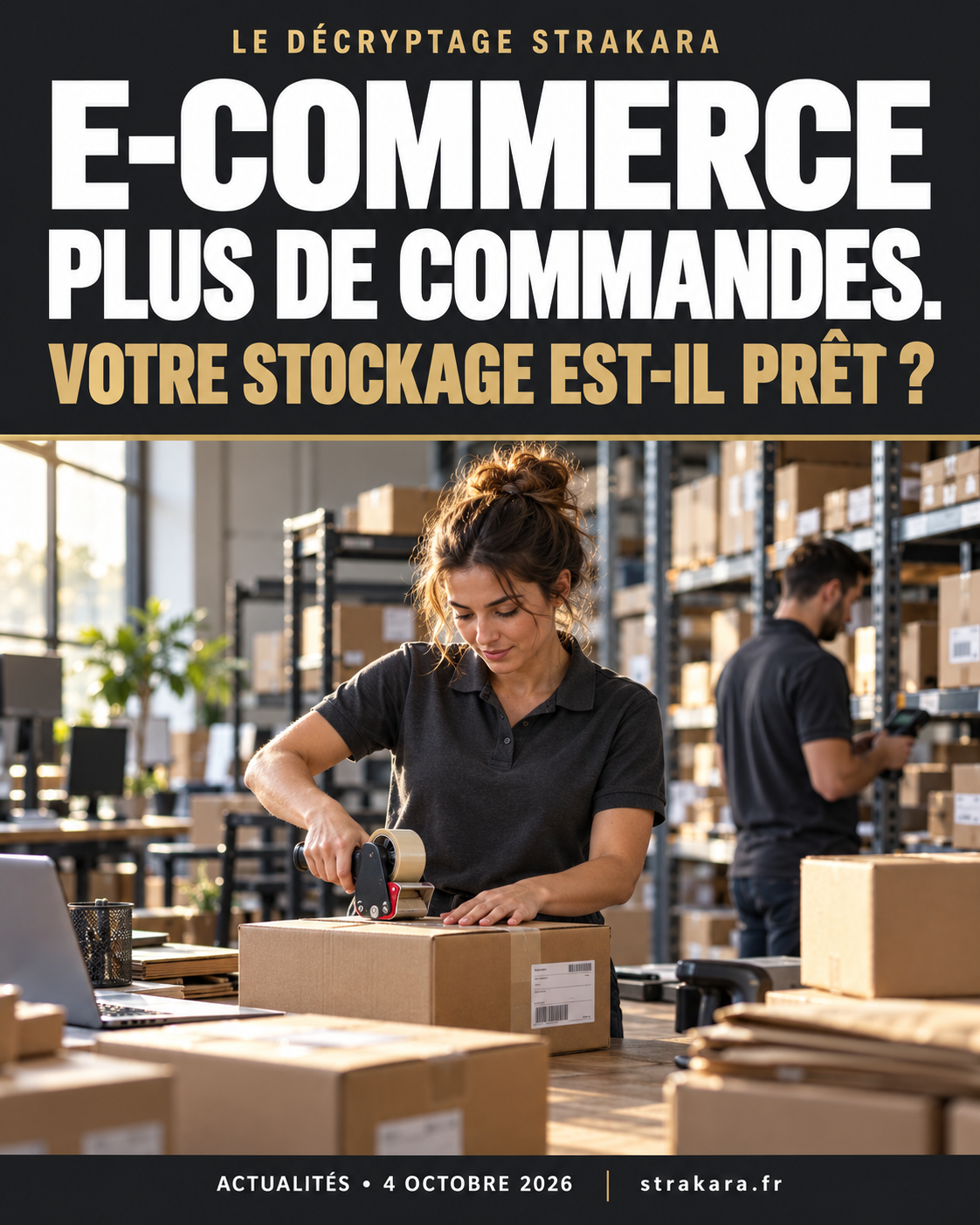 Illustration d’une équipe préparant des commandes e-commerce dans un espace de stockage.