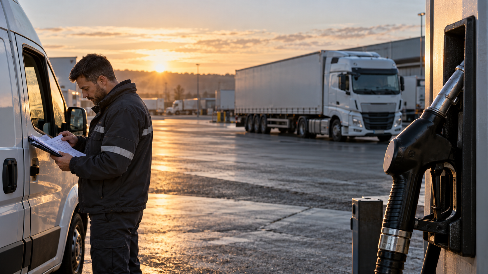 Illustration générée par IA : un professionnel, un utilitaire et un camion près d’une pompe à gazole.