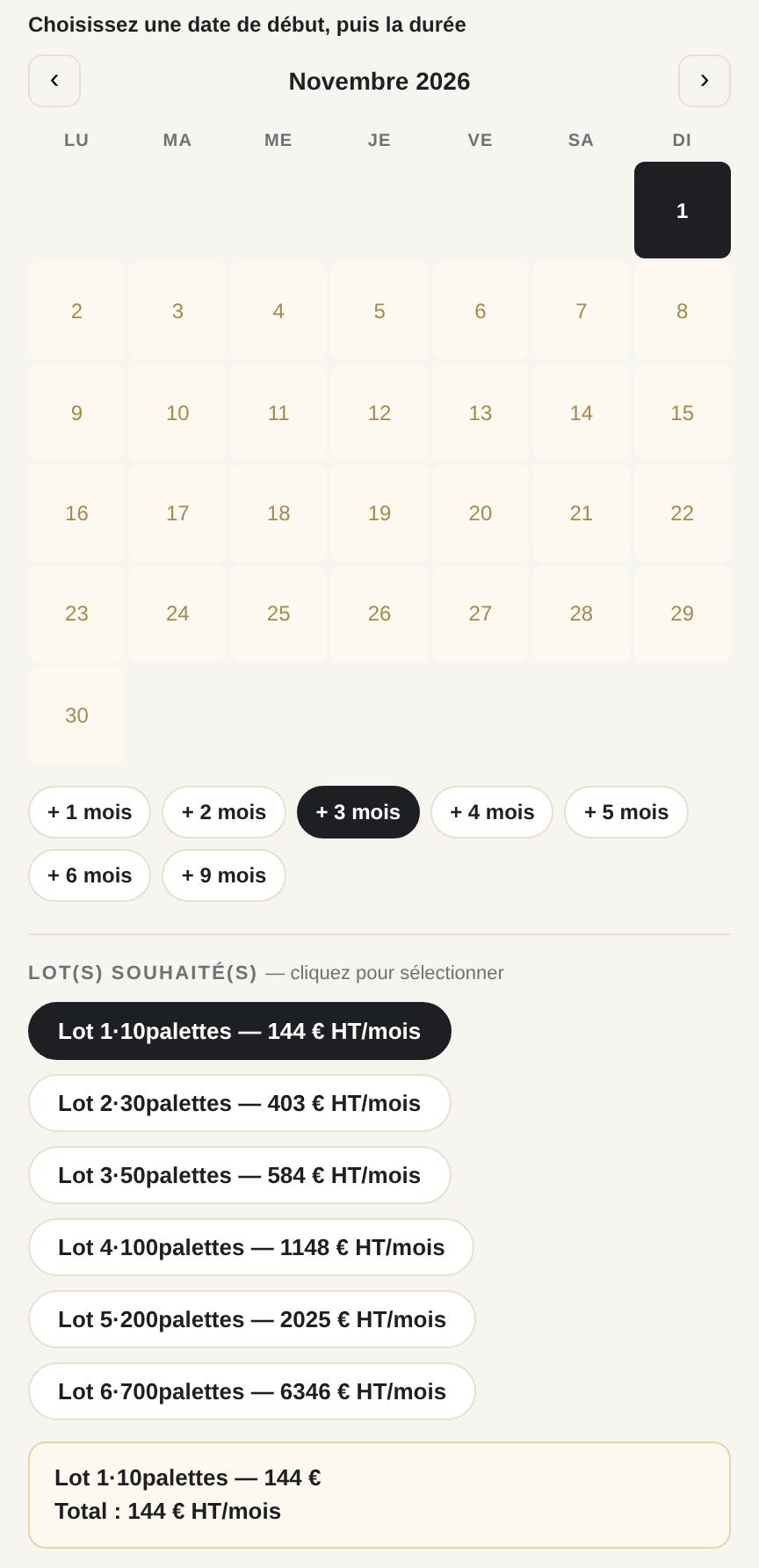 Calendrier, durée et choix des lots