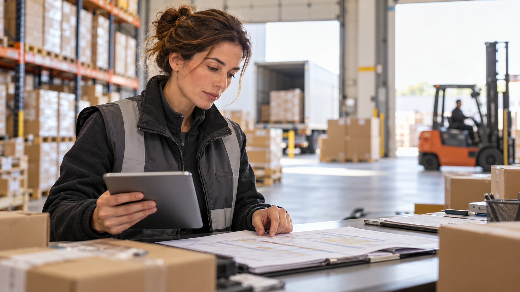 Responsable logistique examinant un planning dans un entrepôt, scène illustrative